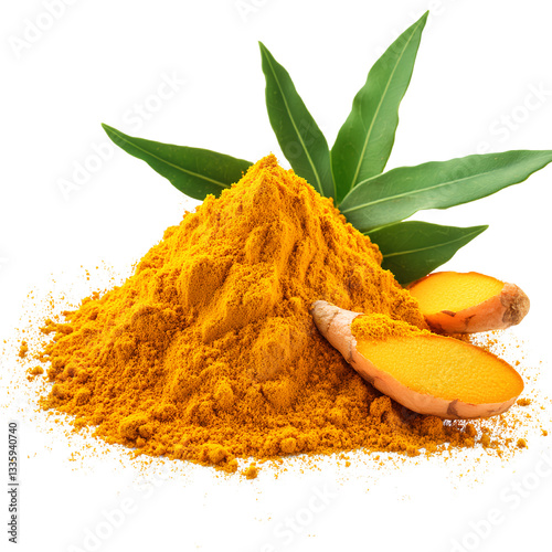 Turmeric powder with turmeric leaves isolated on a transparent background, PNG 