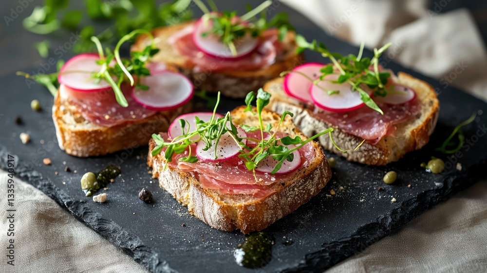 Appetizing open faced sandwiches showcasing prosciutto radish and arugula on slate board delectable treat gourmet delight delicious fresh ingredient culinary Appetizing open faced sandwiches showcasing prosciutto radish and arugula on slate board delectable treat gourmet delight delicious fresh ingredient culinary