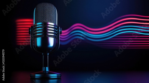 Retro Microphone with Colorful Sound Waves on Dark Background