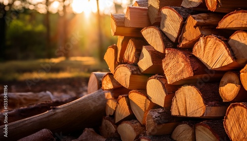 golden hour woodpile a textured stack of firewood basking in warm sunlight
