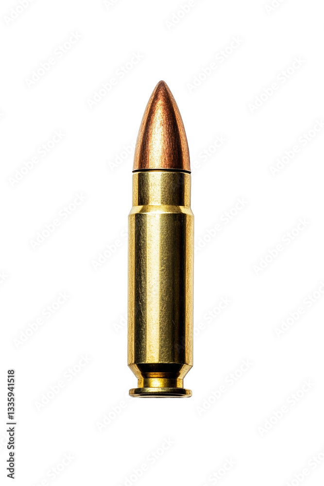 Ammunition round against a black backdrop, showing the brass casing and copper projectile of the bullet, ready for use in a firearm. Isolated, transparent background, png. Ammunition round against a black backdrop, showing the brass casing and copper projectile of the bullet, ready for use in a firearm. Isolated, transparent background, png.