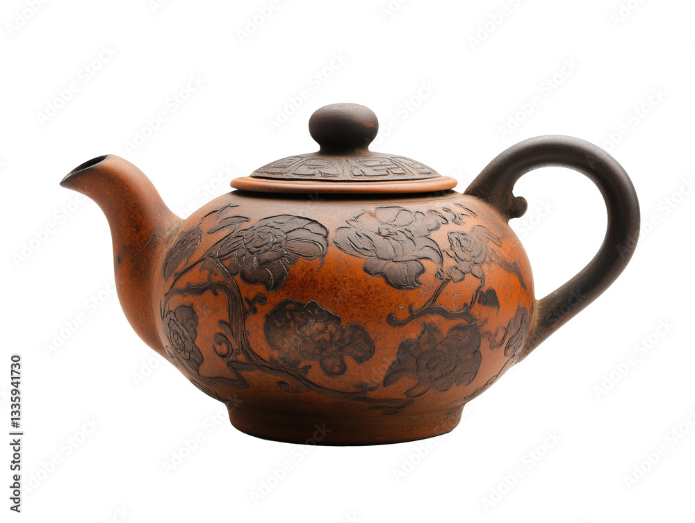 Antique earthenware teapot: A handcrafted vessel adorned with intricate floral designs and a timeless elegance, a testament to refined taste. Isolated, transparent background, png. Antique earthenware teapot: A handcrafted vessel adorned with intricate floral designs and a timeless elegance, a testament to refined taste. Isolated, transparent background, png.