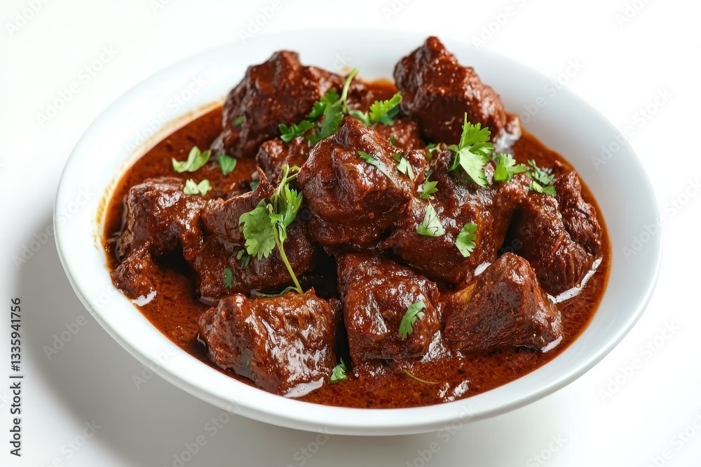 Delicious and Appetizing Beef Stew in Rich Sauce Garnish with Greenery in White Plate Culinary Stock Photo Delicious and Appetizing Beef Stew in Rich Sauce Garnish with Greenery in White Plate Culinary Stock Photo