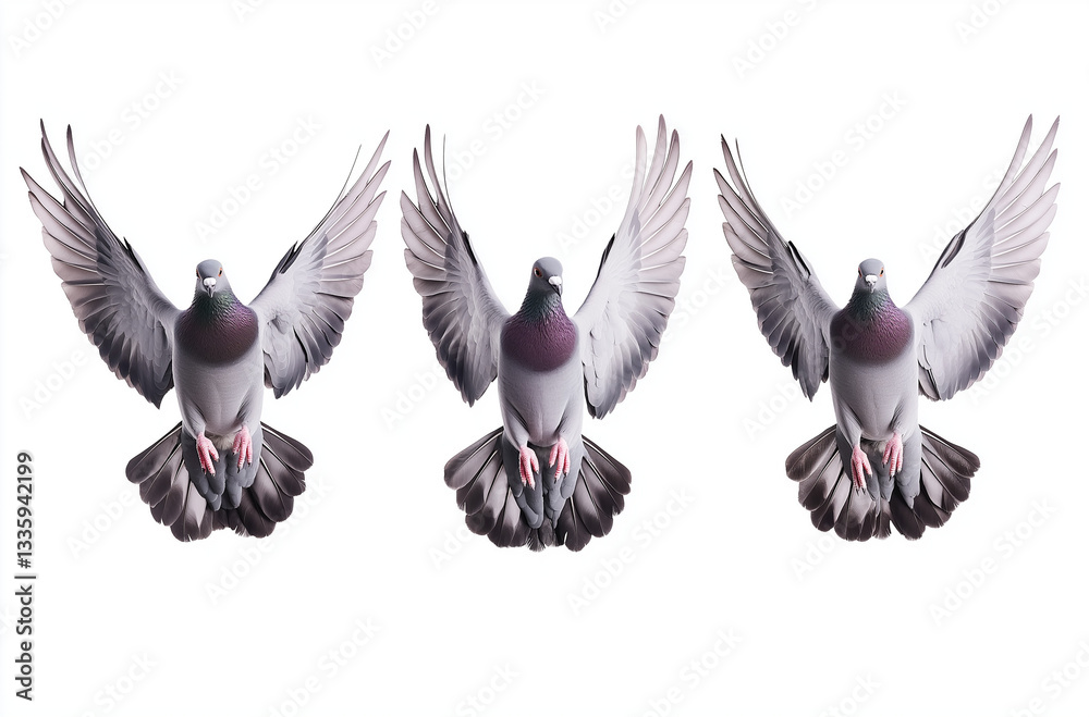 Naklejka premium Four Flying Pigeons in Side View – Realistic Stock Photo-Style High-Resolution Image on a White Background