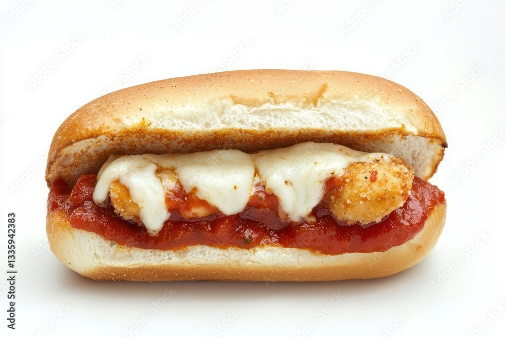 Delectable meatball sub sandwich with melted mozzarella cheese in rich tomato sauce studio shot Delectable meatball sub sandwich with melted mozzarella cheese in rich tomato sauce studio shot