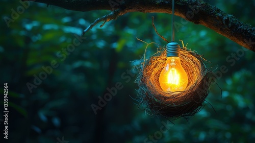 A tree branch holding a glowing light bulb nest, symbolizing nature-inspired safety