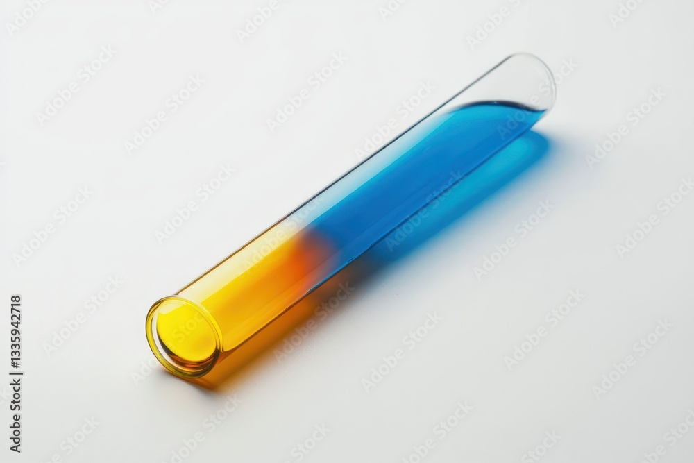 Fototapeta premium Test tube containing yellow and blue liquid on a bright white surface experiment background science