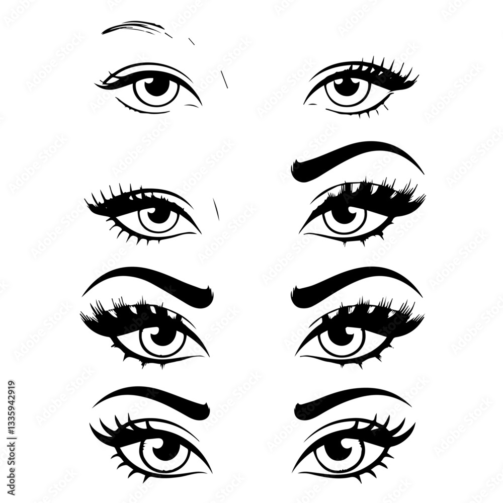 A collection of black and white vector illustrations of various stylized eyes with different eyebrow shapes, eyelashes, and eyeliner styles. A modern, artistic design set. A collection of black and white vector illustrations of various stylized eyes with different eyebrow shapes, eyelashes, and eyeliner styles. A modern, artistic design set.