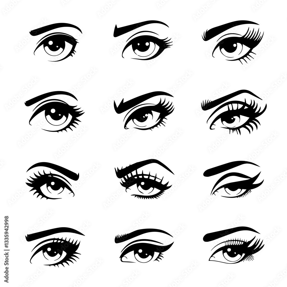 A collection of black and white vector illustrations of various stylized eyes with different eyebrow shapes, eyelashes, and eyeliner styles. A modern, artistic design set. A collection of black and white vector illustrations of various stylized eyes with different eyebrow shapes, eyelashes, and eyeliner styles. A modern, artistic design set.