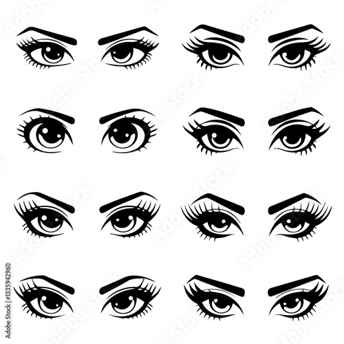 A collection of  black and white vector illustrations of various stylized eyes with different eyebrow shapes, eyelashes, and eyeliner styles. A modern, artistic design set.