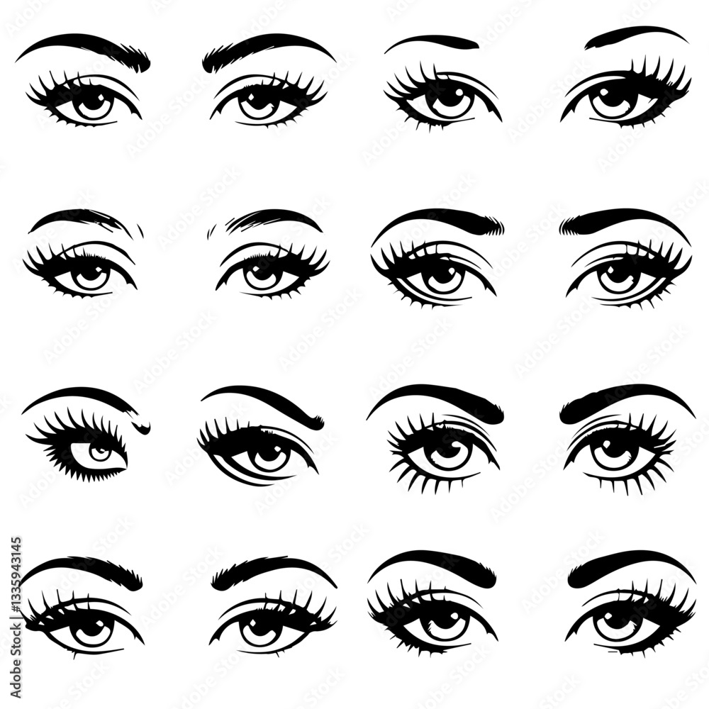A collection of black and white vector illustrations of various stylized eyes with different eyebrow shapes, eyelashes, and eyeliner styles. A modern, artistic design set. A collection of black and white vector illustrations of various stylized eyes with different eyebrow shapes, eyelashes, and eyeliner styles. A modern, artistic design set.