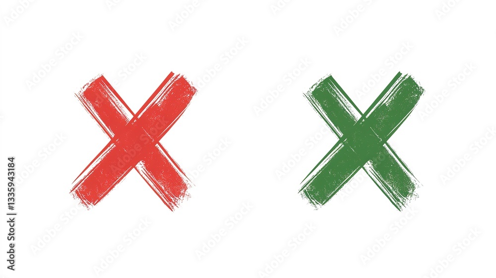 Fototapeta premium Green check marks and red X marks. Check marks indicate approval. X marks indicate rejection. Simple symbols for yes and no. Clear visual for correct and incorrect. Vector element set.