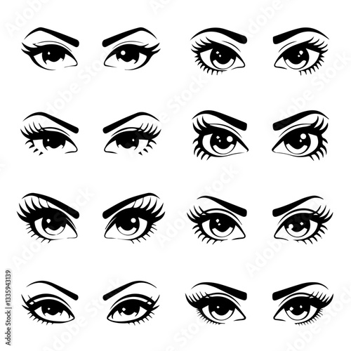 A collection of  black and white vector illustrations of various stylized eyes with different eyebrow shapes, eyelashes, and eyeliner styles. A modern, artistic design set.