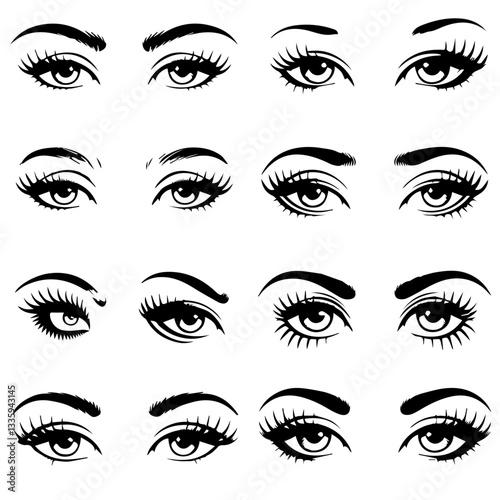 A collection of  black and white vector illustrations of various stylized eyes with different eyebrow shapes, eyelashes, and eyeliner styles. A modern, artistic design set.