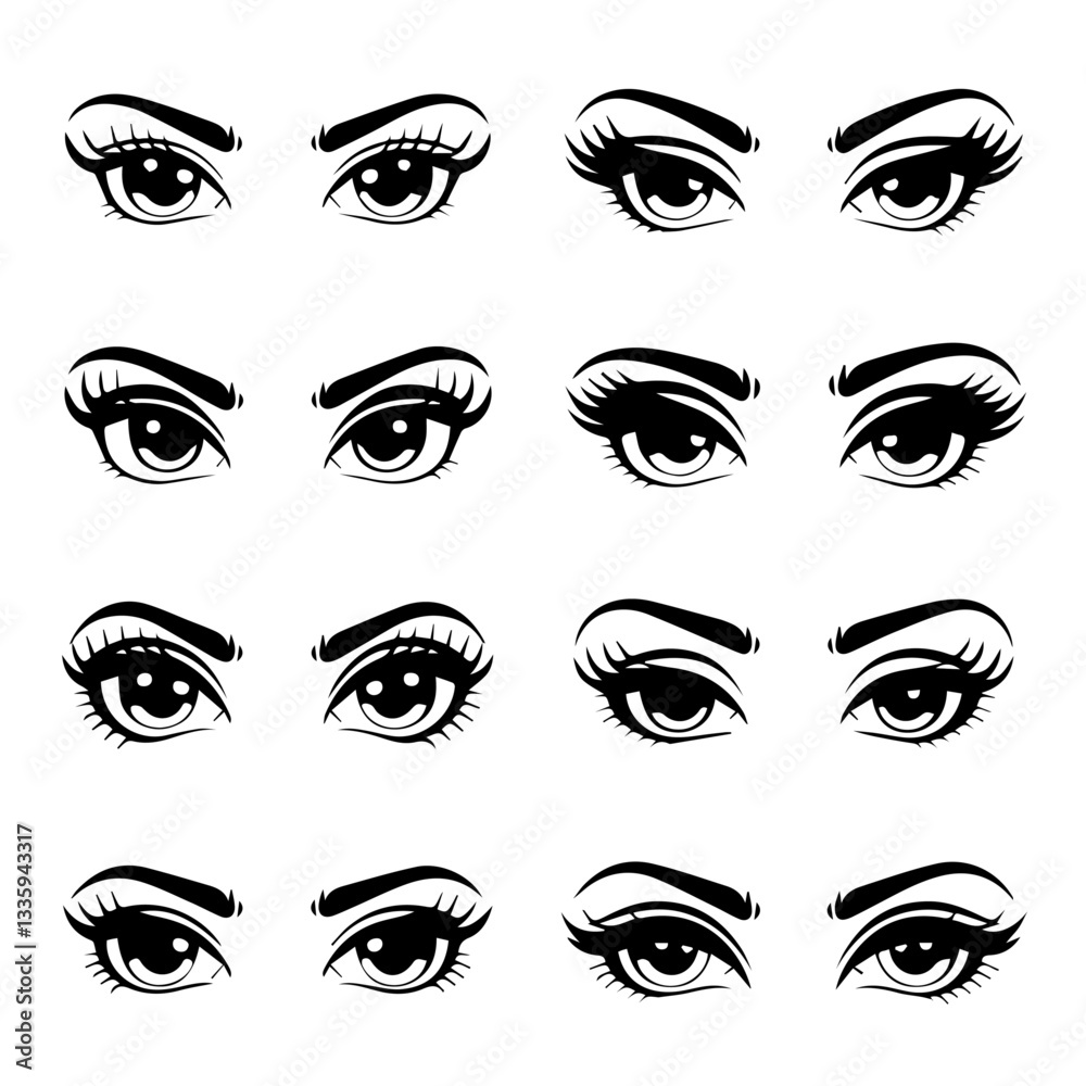 A collection of black and white vector illustrations of various stylized eyes with different eyebrow shapes, eyelashes, and eyeliner styles. A modern, artistic design set. A collection of black and white vector illustrations of various stylized eyes with different eyebrow shapes, eyelashes, and eyeliner styles. A modern, artistic design set.