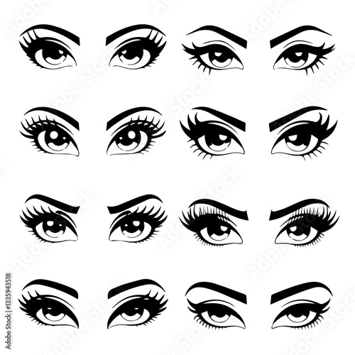 A collection of  black and white vector illustrations of various stylized eyes with different eyebrow shapes, eyelashes, and eyeliner styles. A modern, artistic design set.