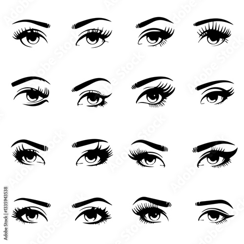 A collection of  black and white vector illustrations of various stylized eyes with different eyebrow shapes, eyelashes, and eyeliner styles. A modern, artistic design set.