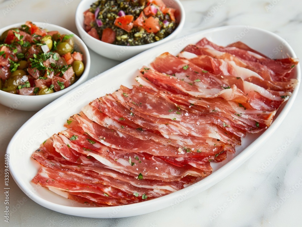 Prosciutto slices displayed on white oblong plate and served with fresh italian olive salsa Prosciutto slices displayed on white oblong plate and served with fresh italian olive salsa