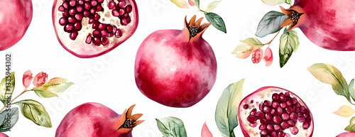 Pomegranate watercolor pattern, fruit, leaves