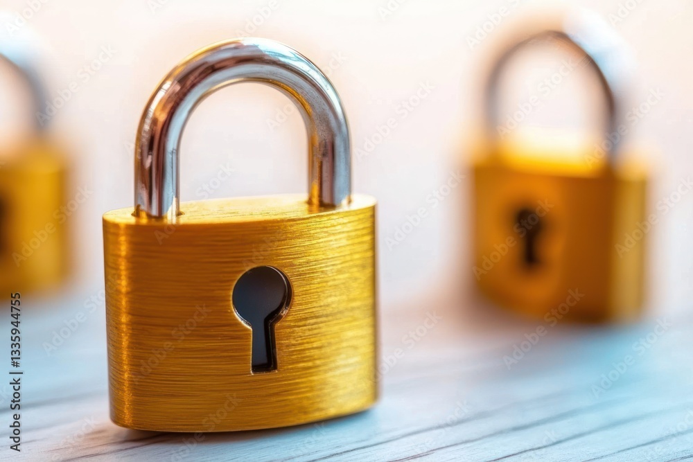 Fototapeta premium Golden padlock in focus on wooden surface signifying security encryption and data protection concept