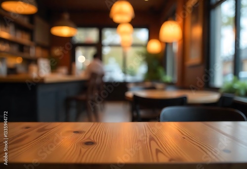 Wallpaper Mural Generative AI Focus on Wooden Table in Cafe with Blurred Background Torontodigital.ca