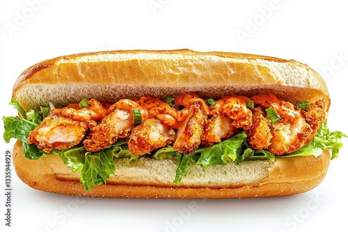 Fresh crispy chicken sub with vibrant sauce nestled on crisp green lettuce for stock photo use