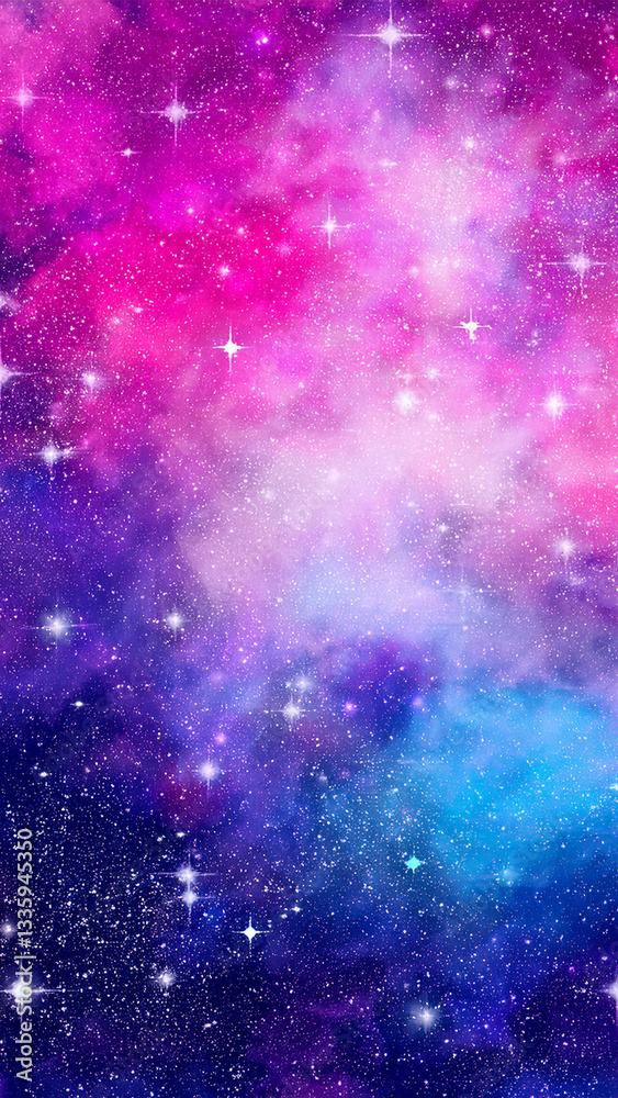 Fototapeta premium This is a dreamy cosmic watercolor painting featuring vibrant pink, blue, and purple hues. The glowing stars and scattered white specks create a magical galaxy-like atmosphere.