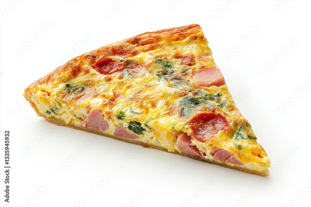 Savory Slice of Quiche Lorraine with Ham Pepperoni Spinach and Cheese isolated on White Simple Background Savory Slice of Quiche Lorraine with Ham Pepperoni Spinach and Cheese isolated on White Simple Background