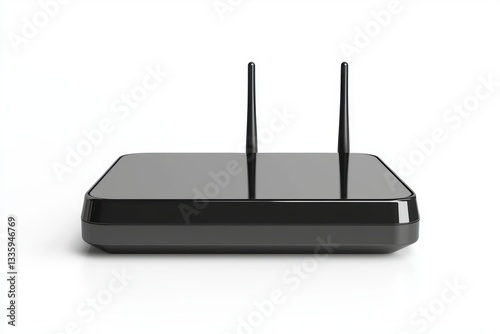 Sleek black wireless router with dual antennas on white providing internet connectivity solution technology