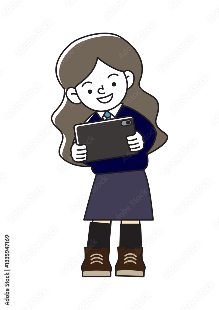 嬉しそうにタブレット端末を持つ生徒のベクターイラスト