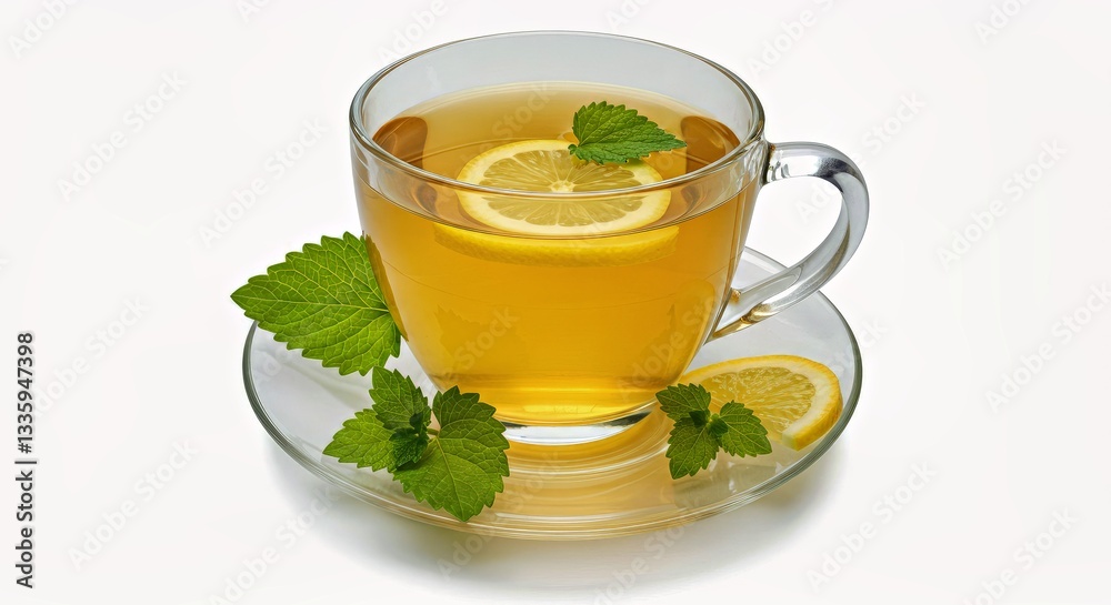 A Cup of Lemon Balm Tea With a Light Yellow Color, Garnished With a Few Lemon Balm Leaves and a Slice of Lemon A Cup of Lemon Balm Tea With a Light Yellow Color, Garnished With a Few Lemon Balm Leaves and a Slice of Lemon