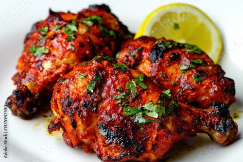 Delicious tandoori chicken drumsticks with lemon slice on white plate flavorful culinary delight close up view
