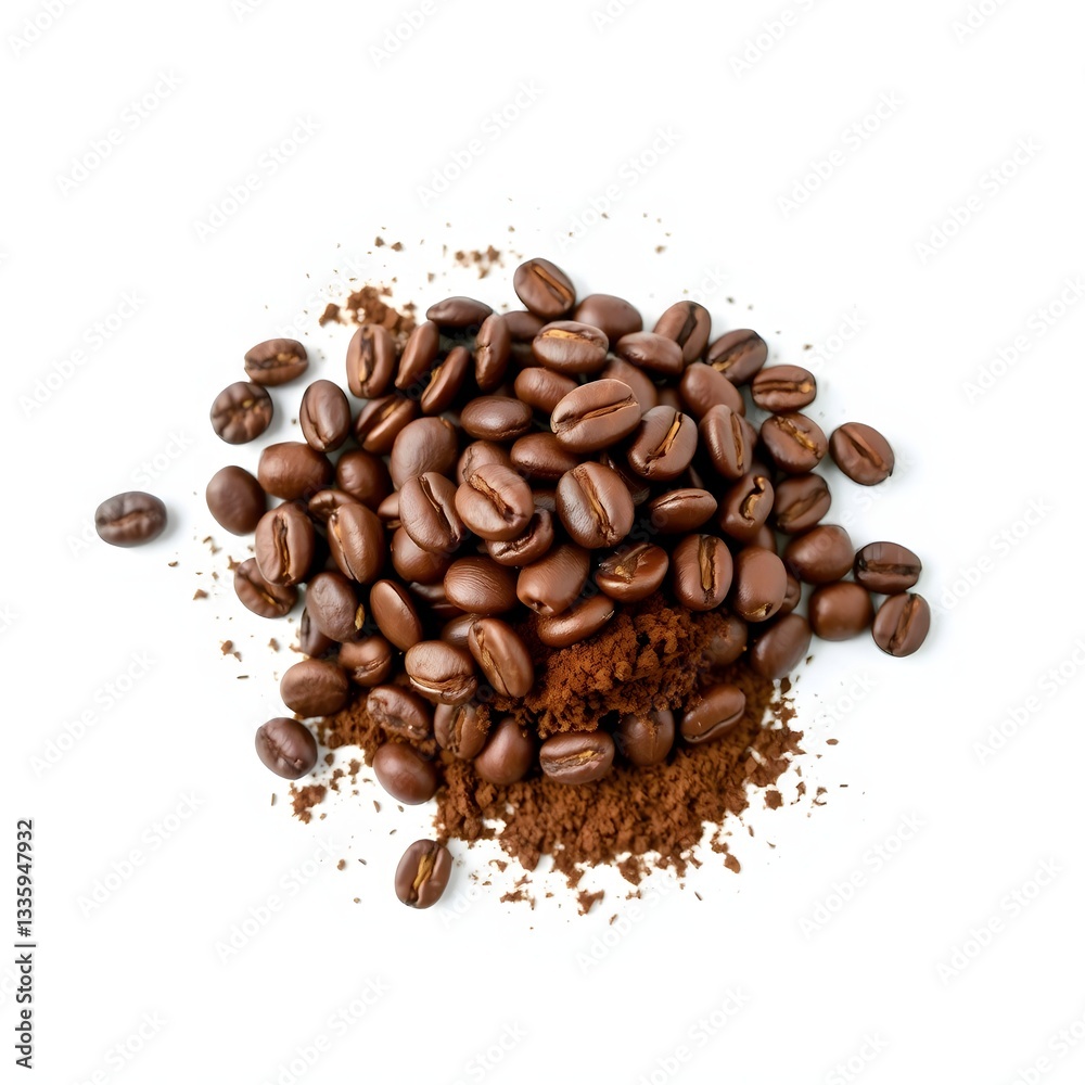 Obraz premium pile of whole roasted coffee beans, with a mound of finely ground coffee powder scattered around them