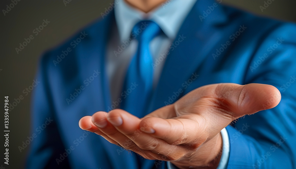 Fototapeta premium The Offering: A well-dressed man, hand outstretched, offers a gesture of assistance and is captured in sharp focus, with a compelling visual metaphor for trust, support, and partnership.