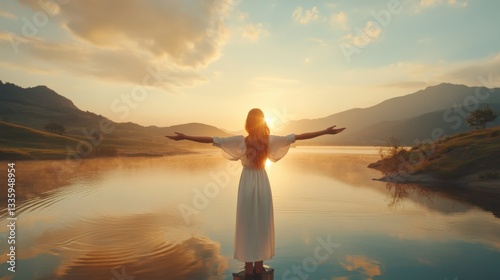 Serene Woman Embracing Nature at Sunrise by Tranquil Lake Shore