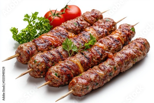 Delicious meat kebab skewers with vibrant tomatoes and parsley on a white surface studio shot food photography