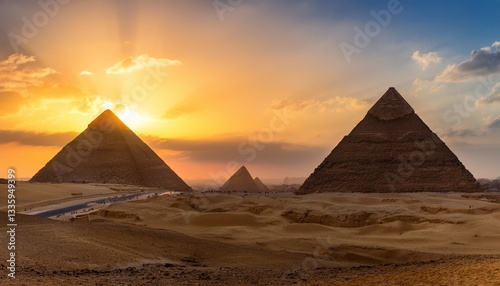 panorama der grossen pyramiden von gizeh bei sonnenuntergang