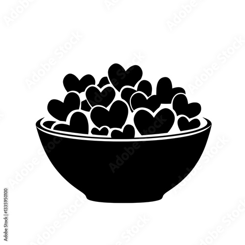 Simple black and white vector illustration of a bowl overflowing with hearts, symbolizing warmth, generosity, and emotional connection.