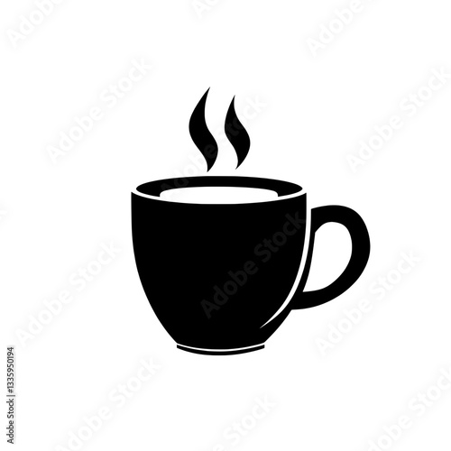 Modern black and white vector illustration of a steaming coffee mug, symbolizing energy, comfort, and daily coffee rituals.