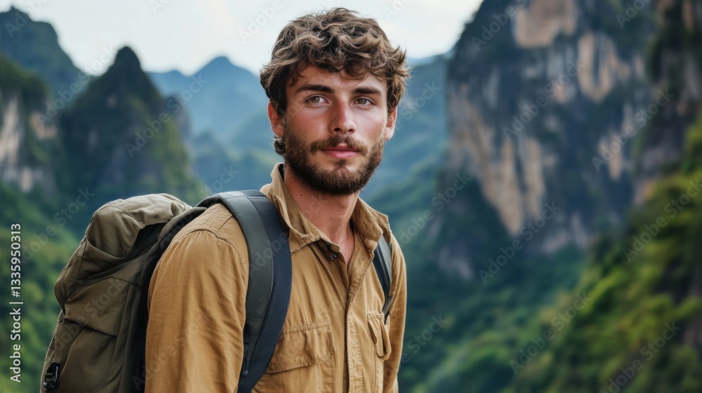 Young Male Adventurer Against Scenic Mountain Landscape Background Young Male Adventurer Against Scenic Mountain Landscape Background