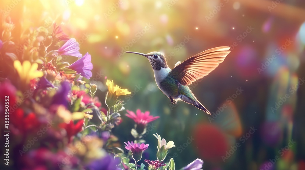 Fototapeta premium Hummingbird in flight amidst colorful flowers