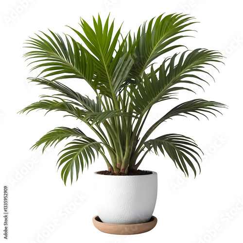 An isolated tropical plant in a pot, showcased on a white backdrop with a clipping path.  
