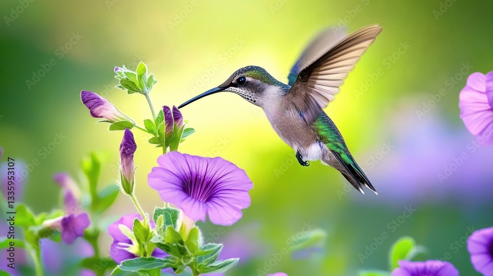 Fototapeta premium Hummingbird feeding on flower in garden; beautiful nature scene; perfect for showcasing natural beauty