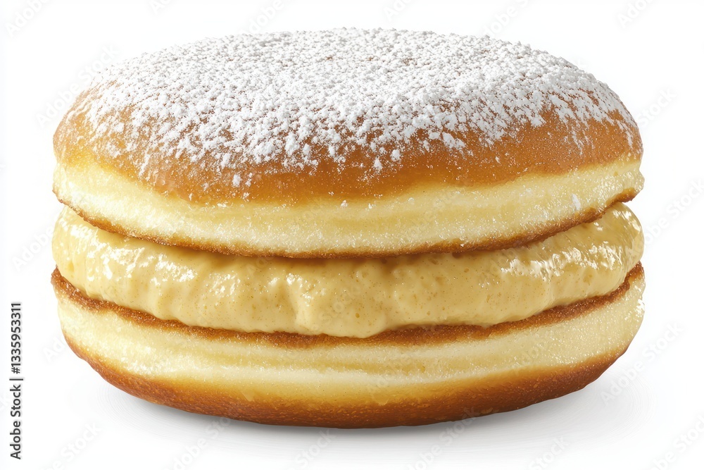 Delicious cream filled doughnut dusted with powdered sugar on a white background simple studio shot Delicious cream filled doughnut dusted with powdered sugar on a white background simple studio shot