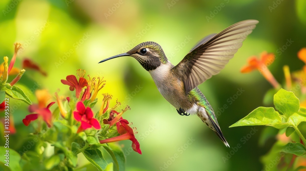 Fototapeta premium Hummingbird in flight near vibrant flowers