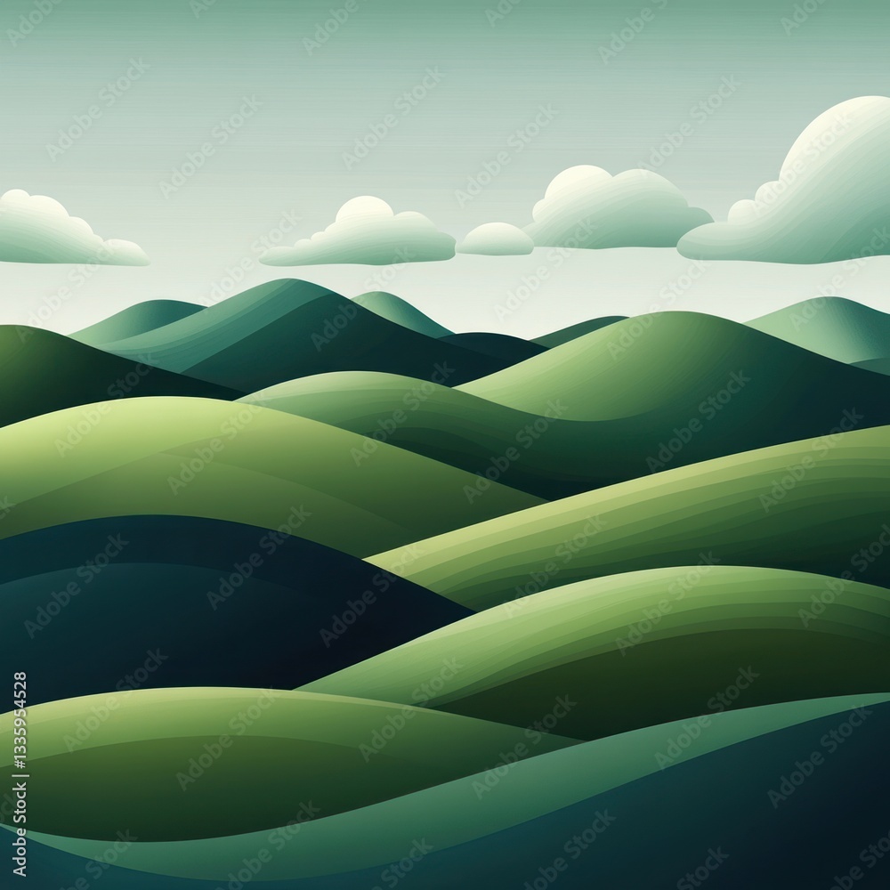 Obraz premium Serene rolling hills art illustration under fluffy cloudscape on a calm day simple minimalist style