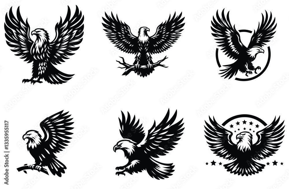 Classic Eagle Silhouette Vector Set Featuring Fierce Flying and Perched Designs for Logos, Tattoos, and Emblematic Art in a Timeless Black and White Style