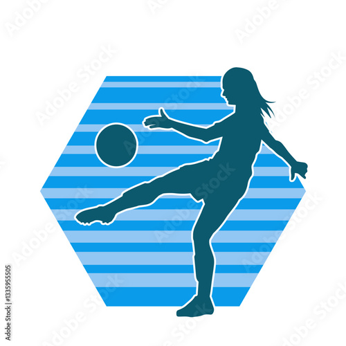 Silhouette of a female soccer player kicking a ball. Silhouette of a football player woman in action pose.