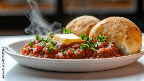 Hot pav bhaji with butter garnished with cilantro on a white plate captures Indian street food delight