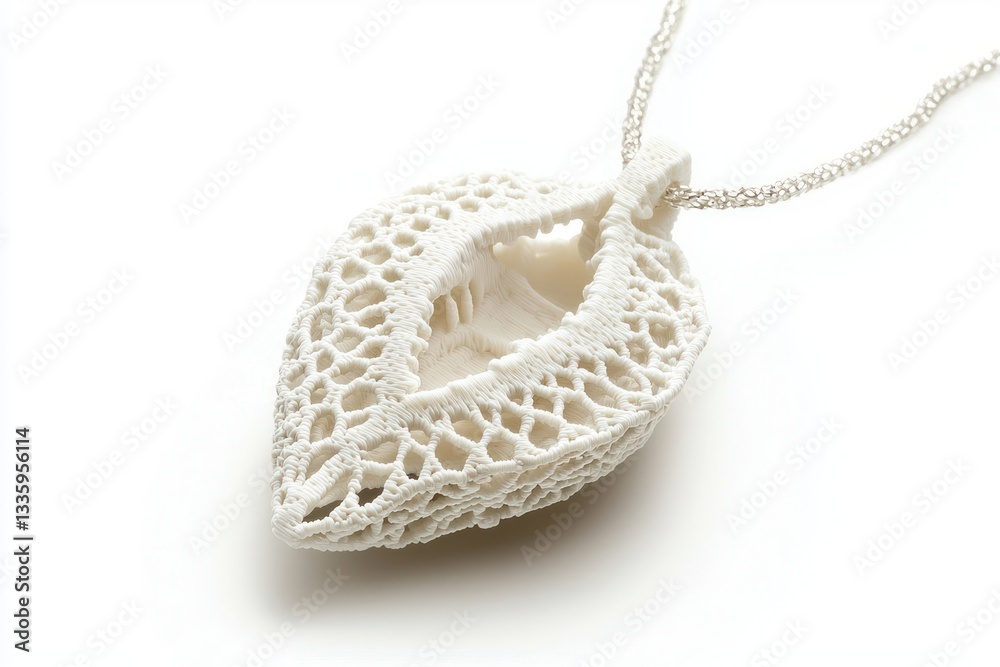 Fototapeta premium Elegant lace pendant with silver chain on clean white backdrop showcasing intricate design and craftsmanship